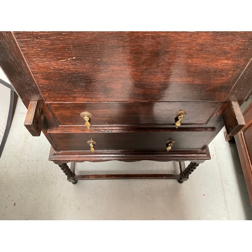 428 - VINTAGE OAK BUREAU WITH FITTED INTERIOR 2 DRAWERS BELOW ON BARLEY TWIST LEGS
H38” W23” D18”