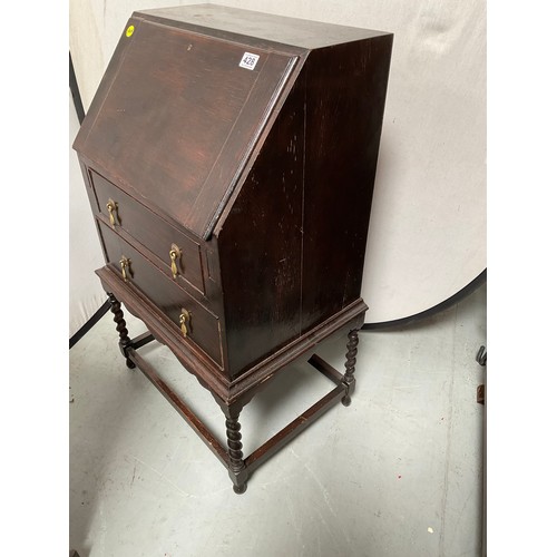 428 - VINTAGE OAK BUREAU WITH FITTED INTERIOR 2 DRAWERS BELOW ON BARLEY TWIST LEGS
H38” W23” D18”