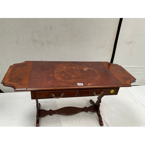 430 - REPRODUCTION WALNUT VENEERED DROP LEAF SOFA TABLE  H20” W40” D17”