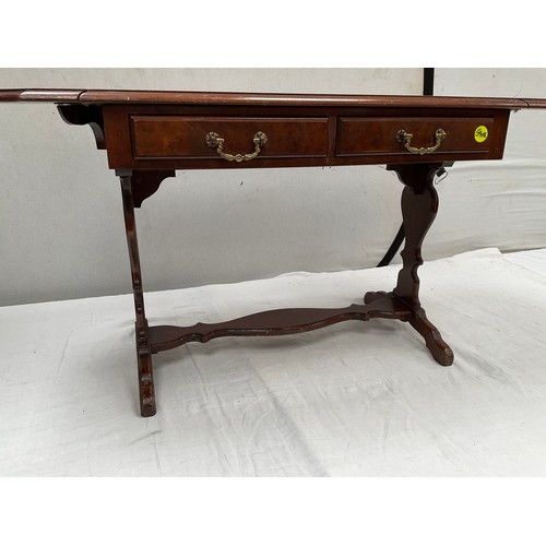 430 - REPRODUCTION WALNUT VENEERED DROP LEAF SOFA TABLE  H20” W40” D17”