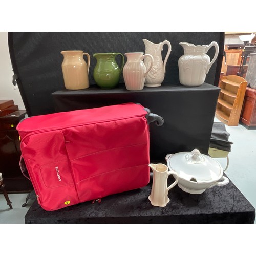 431 - BOX OF CHINA,POTTERY JUGS,TUREEN AND CARRYLITE CASE AND CONTENTS