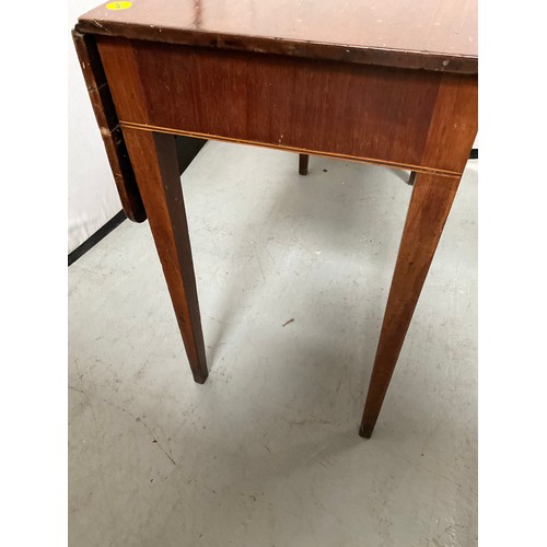 432 - EDWARDIAN MAHOGANY PEMBROKE TABLE WITH DRAWER TO END ON SABRE LEGS H28” W36” D36” - SUPPORTS WORMED