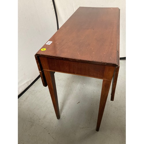 432 - EDWARDIAN MAHOGANY PEMBROKE TABLE WITH DRAWER TO END ON SABRE LEGS H28” W36” D36” - SUPPORTS WORMED