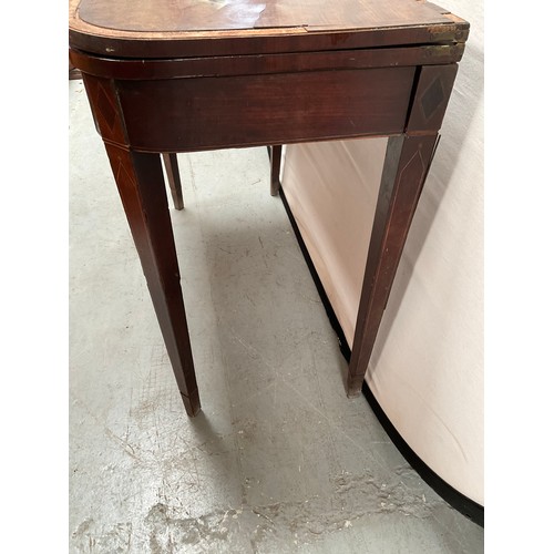 440 - GOERGIAN MAHOGANY INLAID FOLDING TEA TABLE ON SABRE LEGS A/F H30”W36” D18” - WORMED