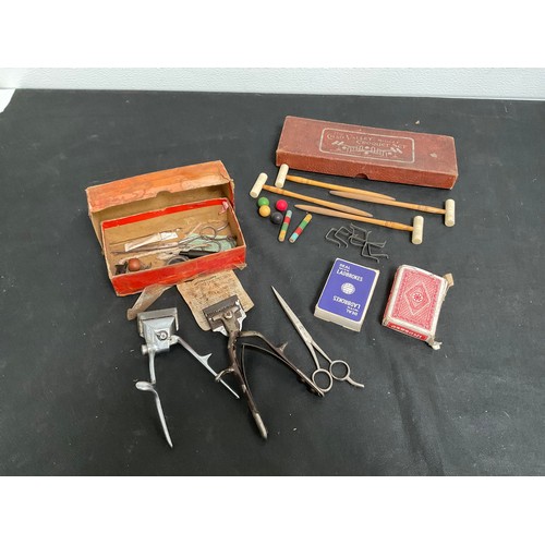 441A - VINTAGE BOXED CHAD VALLEY MIDGET CROQUET SET, CARDS, VINTAGE HAIR CLIPPERS