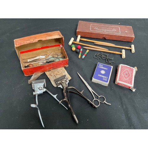 441A - VINTAGE BOXED CHAD VALLEY MIDGET CROQUET SET, CARDS, VINTAGE HAIR CLIPPERS