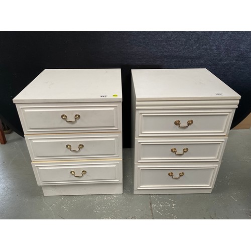 443 - PAIR OF WHITE 3 DRAWER BEDSIDE CHESTS H26” W19” D18”