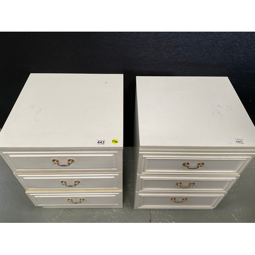 443 - PAIR OF WHITE 3 DRAWER BEDSIDE CHESTS H26” W19” D18”