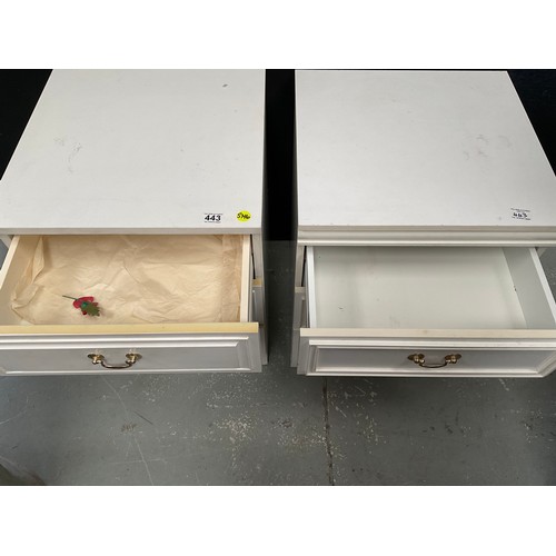 443 - PAIR OF WHITE 3 DRAWER BEDSIDE CHESTS H26” W19” D18”