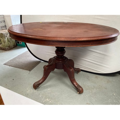 446 - VICTORIAN MAHOGANY BREAKFAST TABLE ON TURNED AND CARVED PEDESTAL A/F H29” W45” D33”