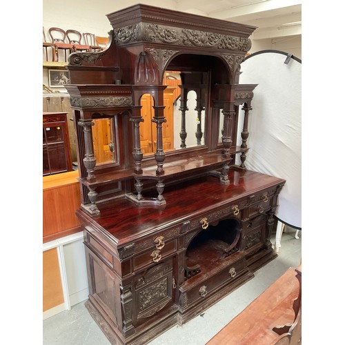 447 - VICTORIAN MAHOGANY COUNTRY HOUSE MIRROR BACKED SIDEBOARD OF LARGE PROPORTIONS HEAVILY CARVED PANELS,... 