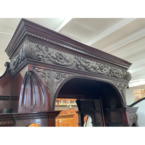 447 - VICTORIAN MAHOGANY COUNTRY HOUSE MIRROR BACKED SIDEBOARD OF LARGE PROPORTIONS HEAVILY CARVED PANELS,... 