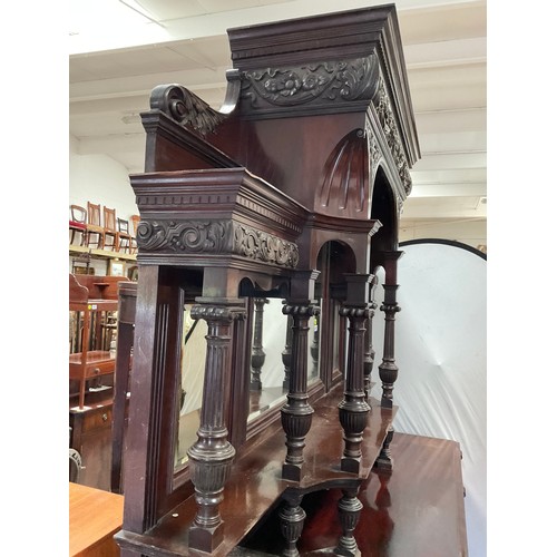 447 - VICTORIAN MAHOGANY COUNTRY HOUSE MIRROR BACKED SIDEBOARD OF LARGE PROPORTIONS HEAVILY CARVED PANELS,... 