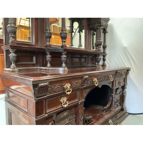 447 - VICTORIAN MAHOGANY COUNTRY HOUSE MIRROR BACKED SIDEBOARD OF LARGE PROPORTIONS HEAVILY CARVED PANELS,... 