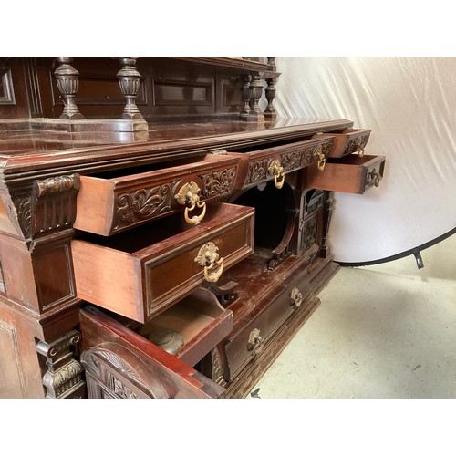 447 - VICTORIAN MAHOGANY COUNTRY HOUSE MIRROR BACKED SIDEBOARD OF LARGE PROPORTIONS HEAVILY CARVED PANELS,... 