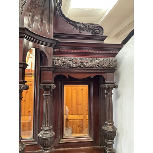 447 - VICTORIAN MAHOGANY COUNTRY HOUSE MIRROR BACKED SIDEBOARD OF LARGE PROPORTIONS HEAVILY CARVED PANELS,... 