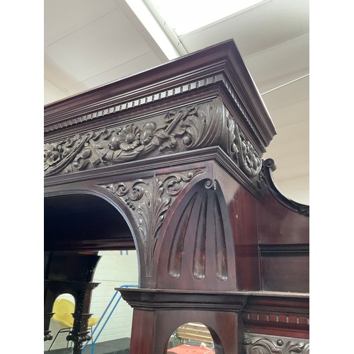 447 - VICTORIAN MAHOGANY COUNTRY HOUSE MIRROR BACKED SIDEBOARD OF LARGE PROPORTIONS HEAVILY CARVED PANELS,... 