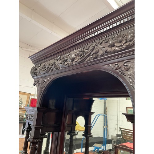 447 - VICTORIAN MAHOGANY COUNTRY HOUSE MIRROR BACKED SIDEBOARD OF LARGE PROPORTIONS HEAVILY CARVED PANELS,... 