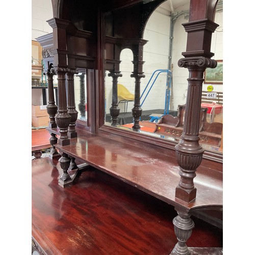 447 - VICTORIAN MAHOGANY COUNTRY HOUSE MIRROR BACKED SIDEBOARD OF LARGE PROPORTIONS HEAVILY CARVED PANELS,... 