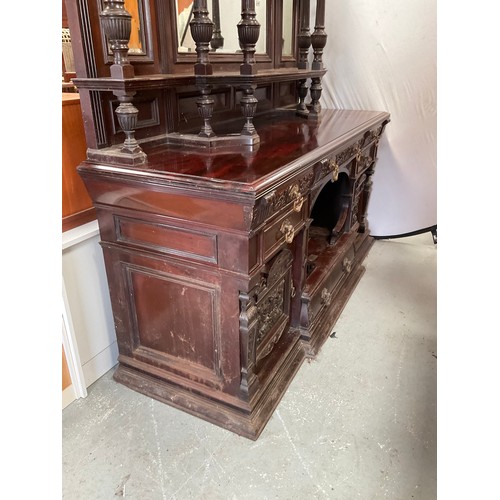 447 - VICTORIAN MAHOGANY COUNTRY HOUSE MIRROR BACKED SIDEBOARD OF LARGE PROPORTIONS HEAVILY CARVED PANELS,... 