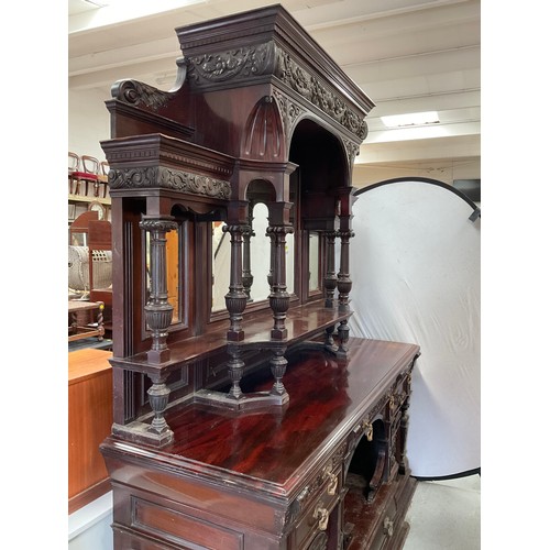 447 - VICTORIAN MAHOGANY COUNTRY HOUSE MIRROR BACKED SIDEBOARD OF LARGE PROPORTIONS HEAVILY CARVED PANELS,... 