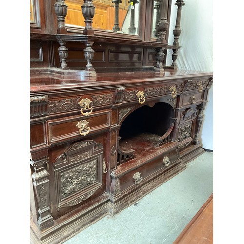 447 - VICTORIAN MAHOGANY COUNTRY HOUSE MIRROR BACKED SIDEBOARD OF LARGE PROPORTIONS HEAVILY CARVED PANELS,... 