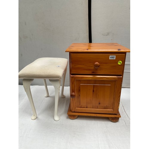 448 - MODERN PINE BEDSIDE CABINET WITH SINGLE DRAWER OVER SINGLE DOOR H23” W17” D16” AND BEDROOM STOOL WIT... 