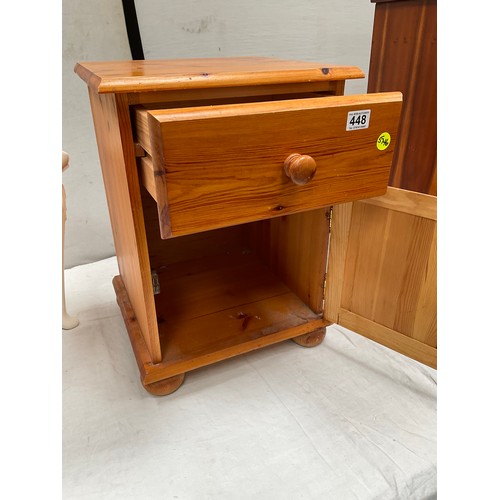 448 - MODERN PINE BEDSIDE CABINET WITH SINGLE DRAWER OVER SINGLE DOOR H23” W17” D16” AND BEDROOM STOOL WIT... 