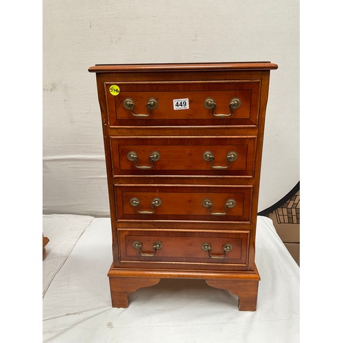 449 - REPRODUCTION YEW WOOD 4 DRAWER CHEST H29” W18” D15”