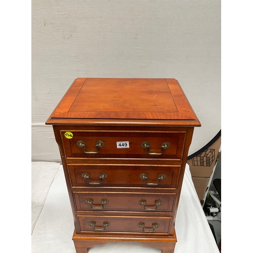 449 - REPRODUCTION YEW WOOD 4 DRAWER CHEST H29” W18” D15”