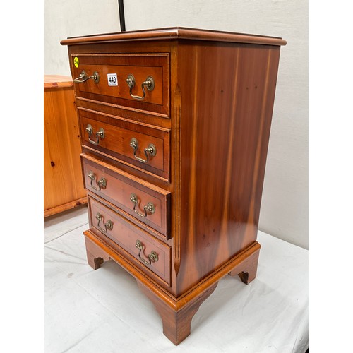 449 - REPRODUCTION YEW WOOD 4 DRAWER CHEST H29” W18” D15”