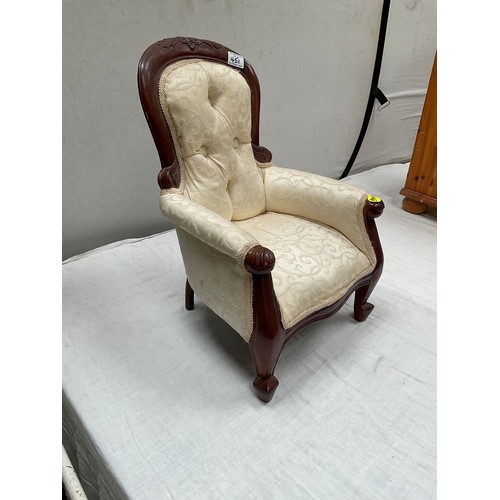 451 - REPRODUCTION VICTORIAN STYLE MAHOGANY UPHOLSTERED DOLLS CHAIR  H20” W15” D15”