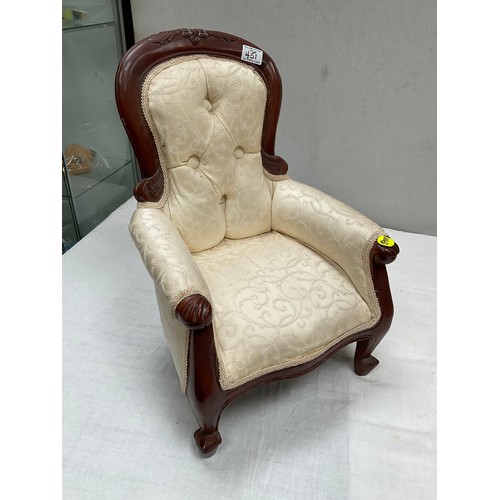 451 - REPRODUCTION VICTORIAN STYLE MAHOGANY UPHOLSTERED DOLLS CHAIR  H20” W15” D15”