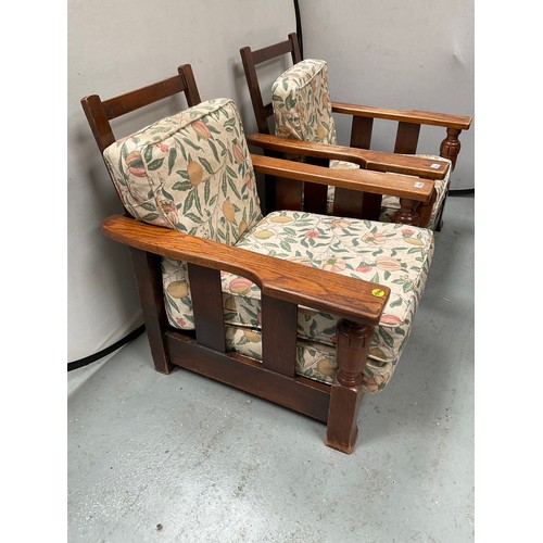 462 - PAIR OF VINTAGE OAK RECLINING CHAIRS WITH BALBOUS DECORATION AND UPHOLSTERED CUSHIONS