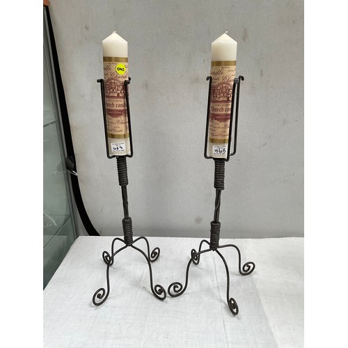 463 - PAIR OF MODERN METAL CANDLE STANDS WITH CANDLES H30”