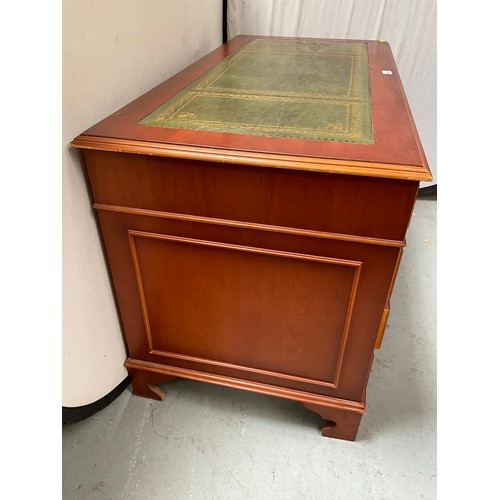 466 - REPRODUCTION YEW WOOD KNEEHOLE TWIN PEDESTAL DESK WITH 9 DRAWERS AND INSET LEATHER TOP 
H30” W48” D2... 