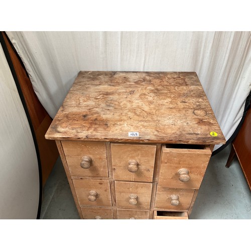 468 - STRIPPED PINE BANK OF 9 DRAWERS A/F  H34” W26” D22”