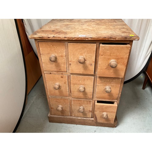 468 - STRIPPED PINE BANK OF 9 DRAWERS A/F  H34” W26” D22”