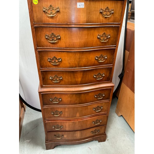 473 - REPRODUCTION WALNUT VENEERED SERPENTINE FRONTED CHEST ON CHEST WITH 8 DRAWERS H54” W36” D18”