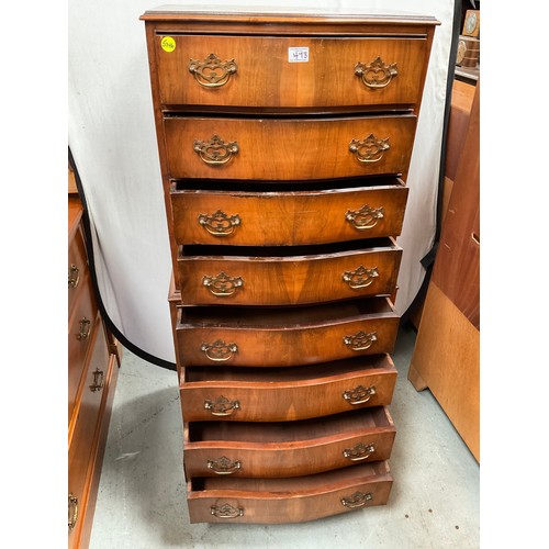 473 - REPRODUCTION WALNUT VENEERED SERPENTINE FRONTED CHEST ON CHEST WITH 8 DRAWERS H54” W36” D18”