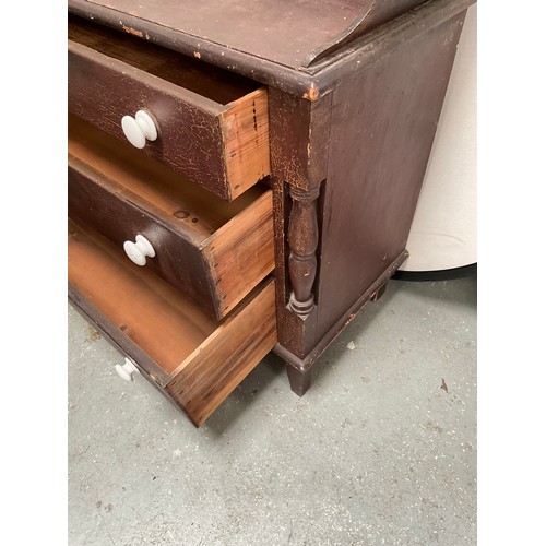 482 - VICTORIAN PAINTED PINE TRAY TOP CHEST WITH 3 DRAWERS H36” W37” D17”