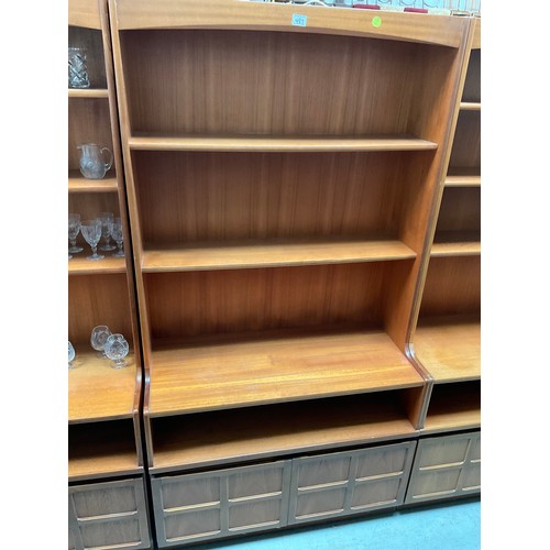 487 - BADGED NATHAN TEAK LOUNGE UNIT WITH OPEN SHELVES TO TOP OVER 2 DOORS TO BASE H72” W40” D18”