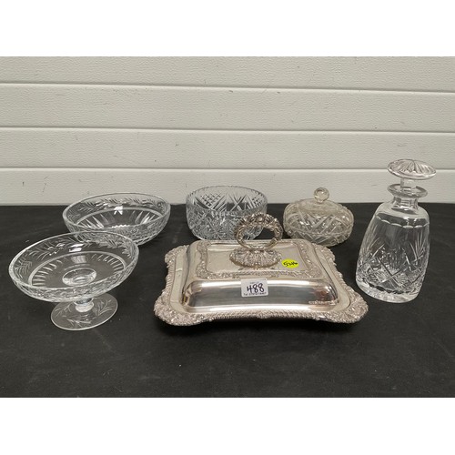 488 - SILVER PLATED TUREEN WITH COVER AND QTY OF CUT GLASS ITEMS TO INCLUDE DECANTER ETC