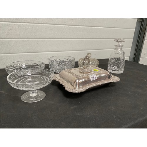 488 - SILVER PLATED TUREEN WITH COVER AND QTY OF CUT GLASS ITEMS TO INCLUDE DECANTER ETC