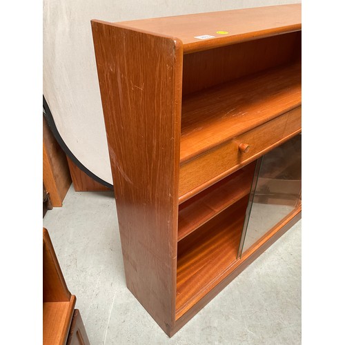 490 - BADGED NATHAN TEAK BOOKCASE WITH 2 DRAWERS OVER GLASS SLIDING DOORS H42” W40” D12”