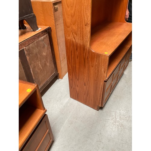 492 - BADGED NATHAN TEAK LOUNGE UNIT WITH OPEN SHELVES TO TOP OVER 2 DOORS TO BASE H72” W40” D18”