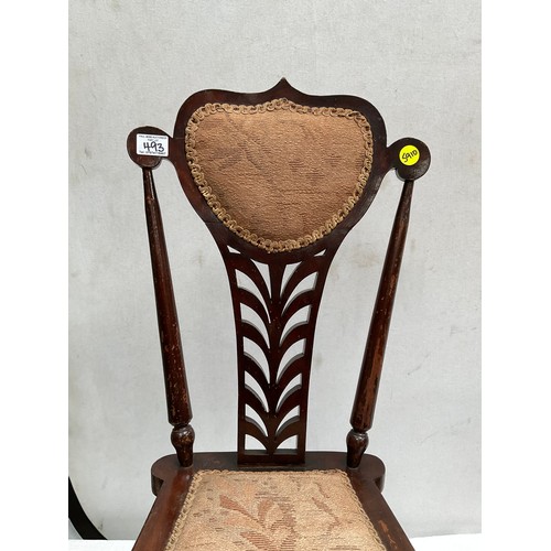 493 - VINTAGE MAHOGANY SEWING CHAIR WITH UPHOLSTERED SEAT