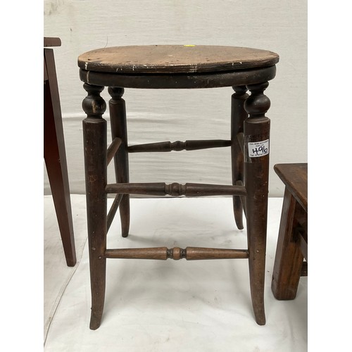 496 - VICTORIAN STOOL ,SMALL VINTAGE TABLE AND A MUSIC STOOL