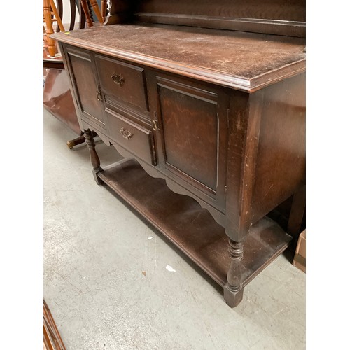 501 - VINTAGE DARK OAK DRESSER WITH CENTRAL DOOR FLANKED BY OPEN SHELVES TO TOP , BASE WITH 2 CENTRAL DRAW... 