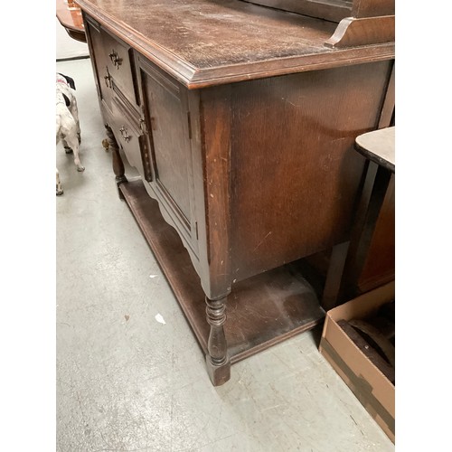 501 - VINTAGE DARK OAK DRESSER WITH CENTRAL DOOR FLANKED BY OPEN SHELVES TO TOP , BASE WITH 2 CENTRAL DRAW... 